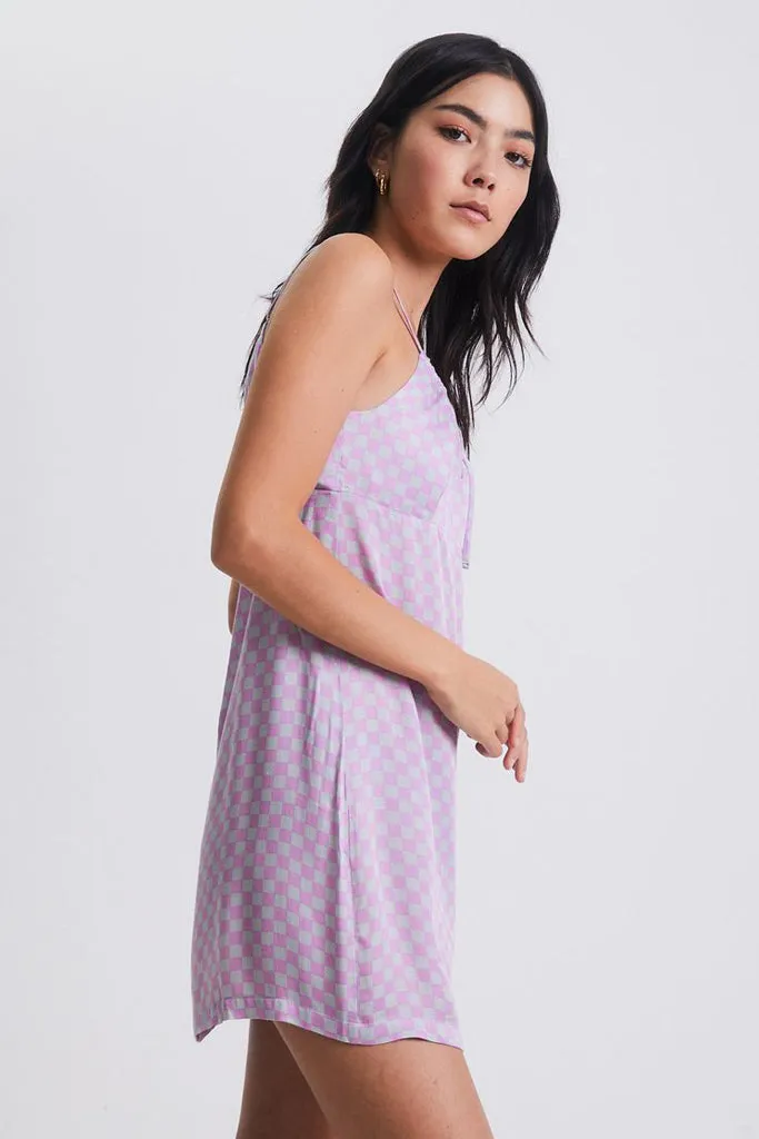 Afends Carlo Recycled Check Babydoll Mini Dress Candy Check