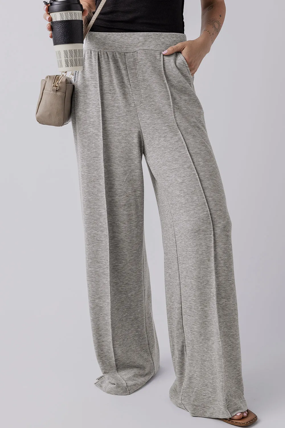 Central Seam Wide Leg High Waist Knit Pants