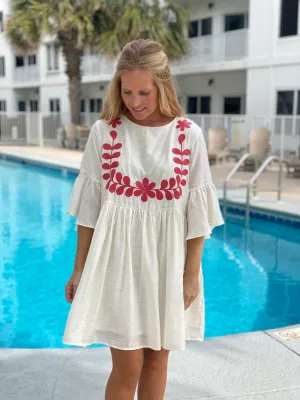 Coral Embroidered Babydoll Dress