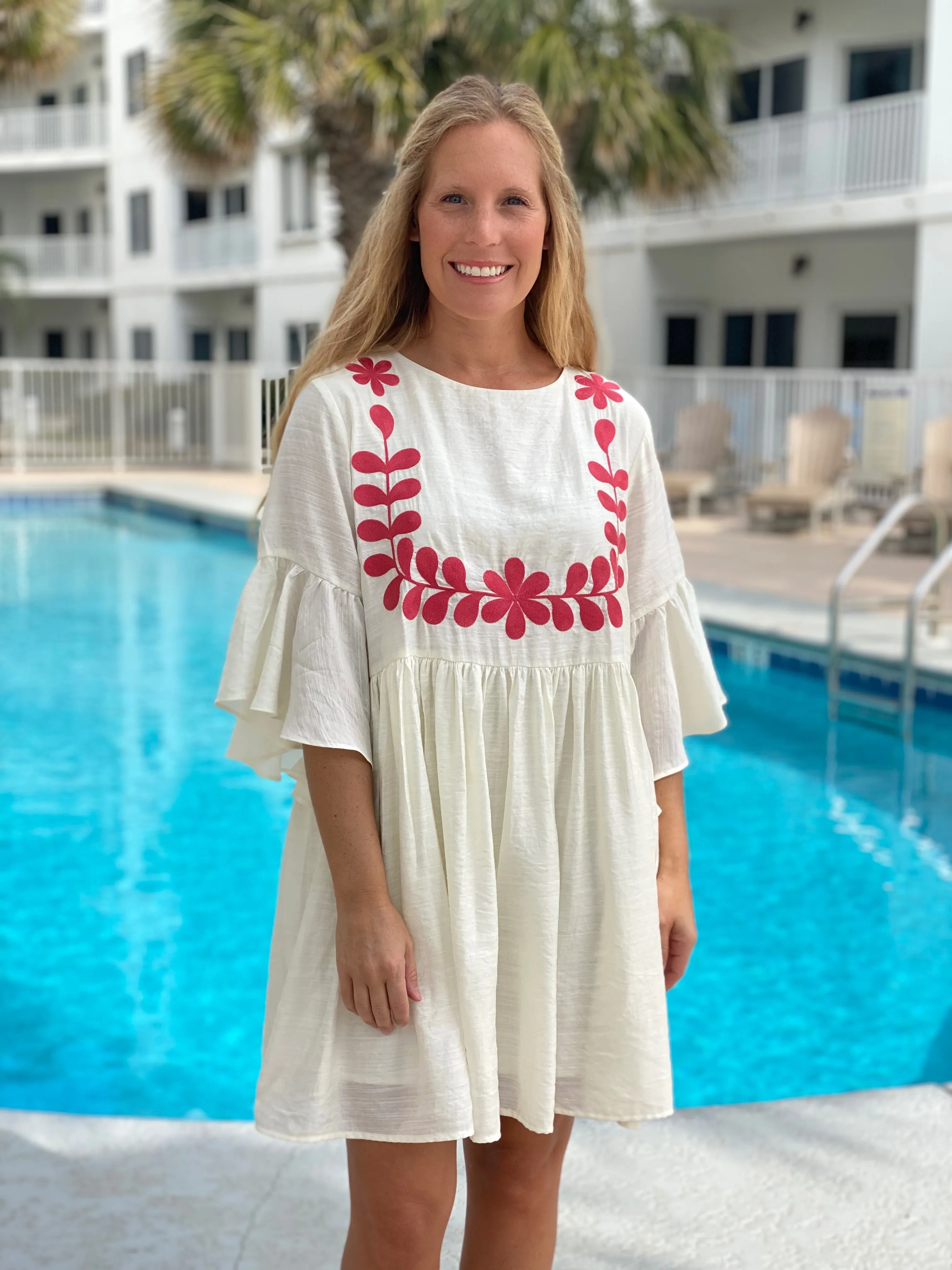 Coral Embroidered Babydoll Dress