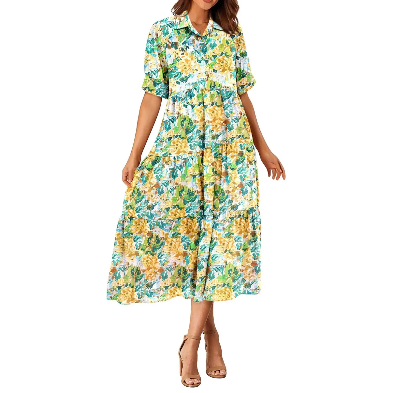 Fashion Print Floral A-line Shirt Elegant Vintage Casual Off Midi Summer Dress