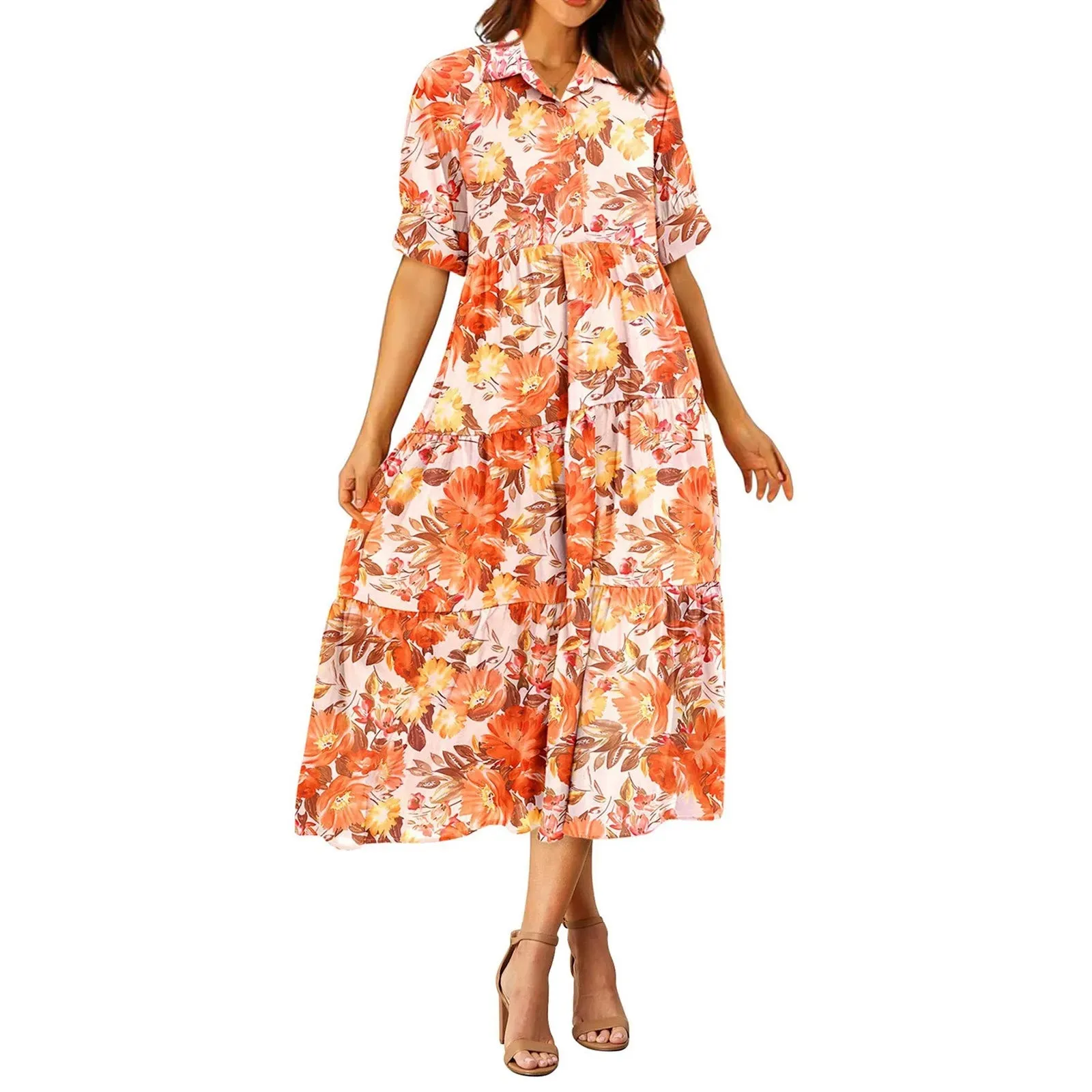 Fashion Print Floral A-line Shirt Elegant Vintage Casual Off Midi Summer Dress