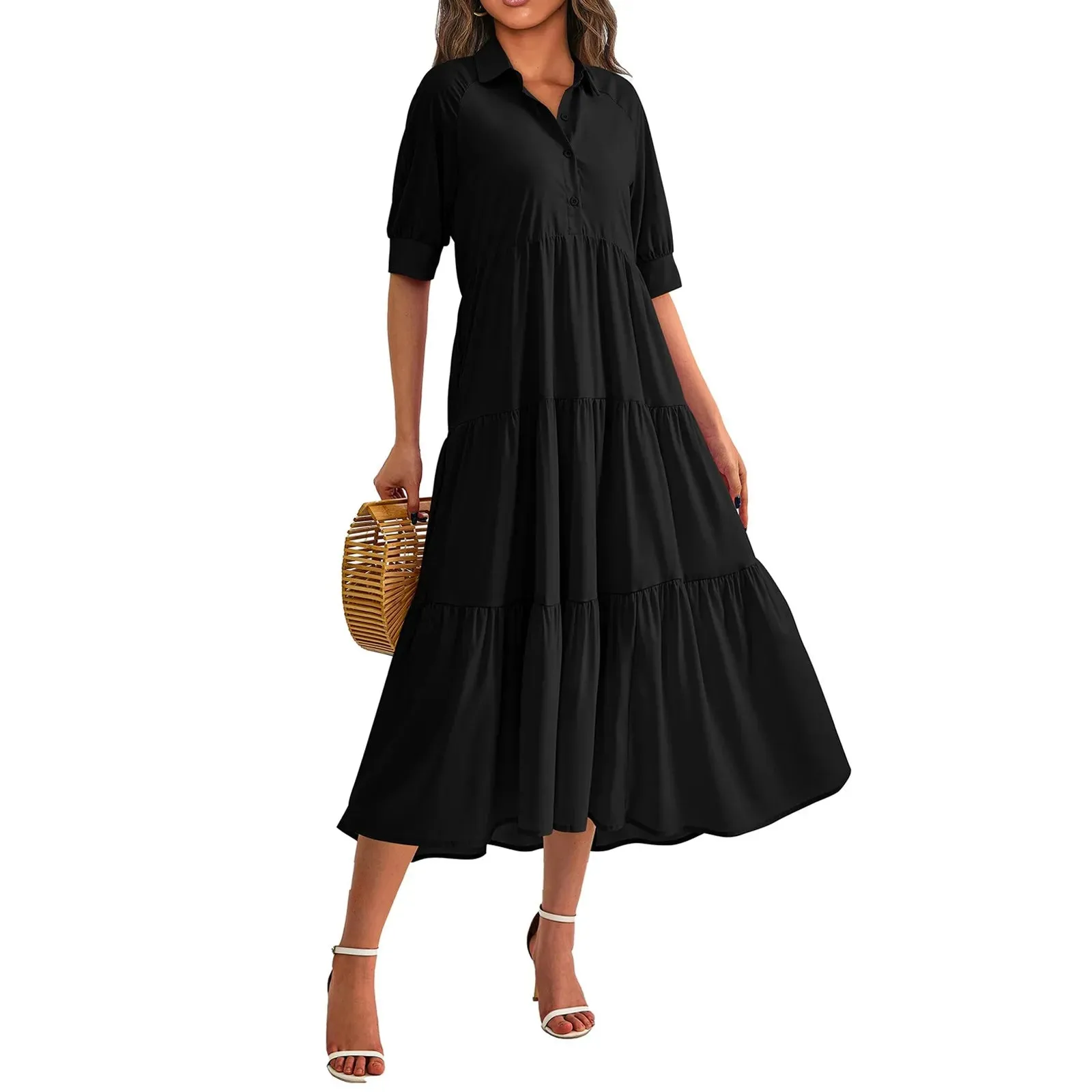 Fashion Print Floral A-line Shirt Elegant Vintage Casual Off Midi Summer Dress
