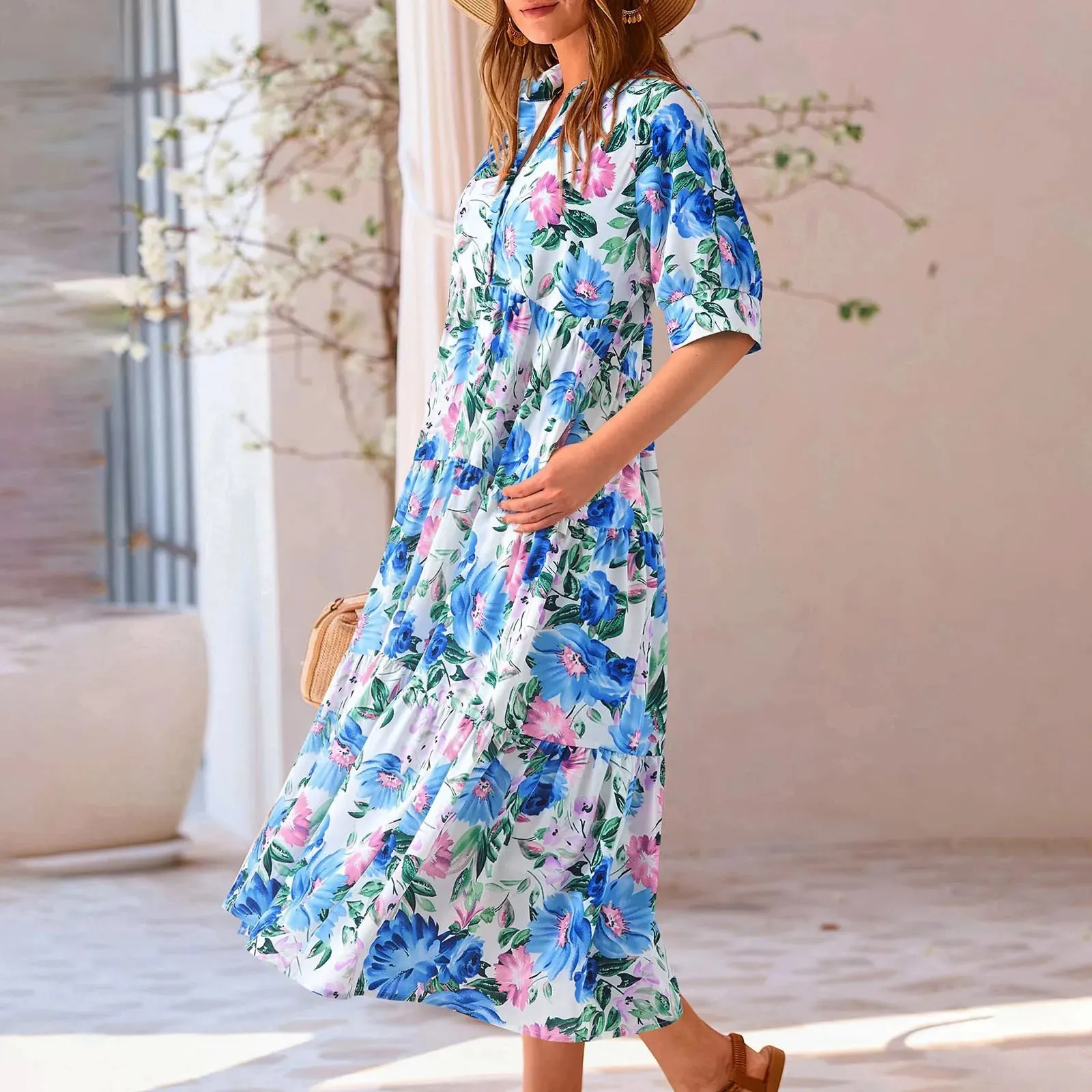 Fashion Print Floral A-line Shirt Elegant Vintage Casual Off Midi Summer Dress