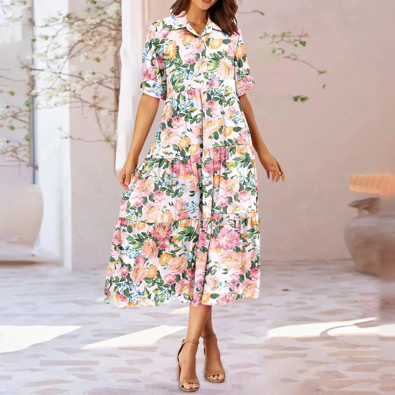 Fashion Print Floral A-line Shirt Elegant Vintage Casual Off Midi Summer Dress
