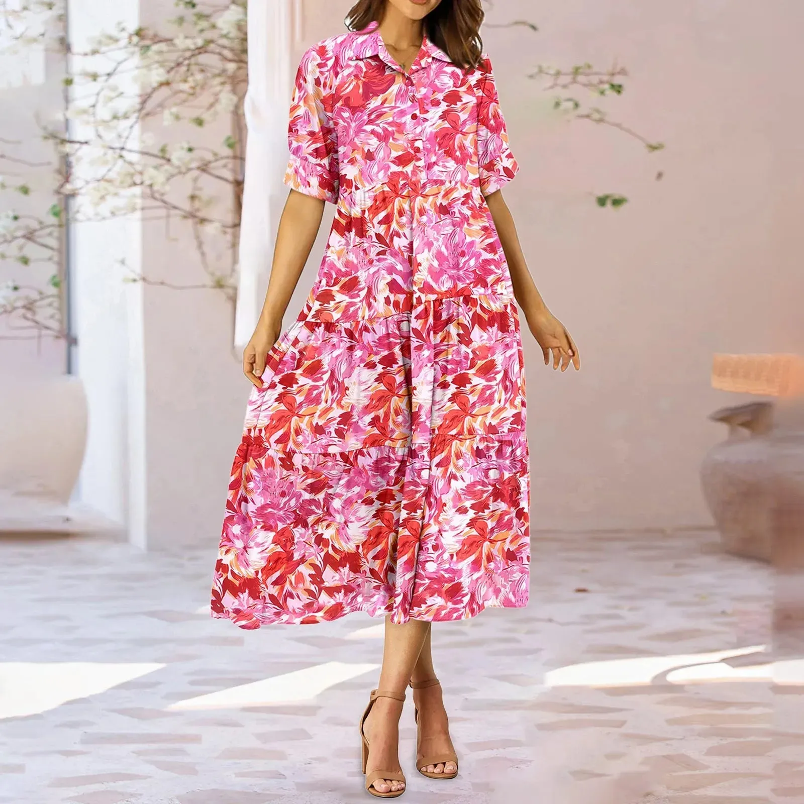 Fashion Print Floral A-line Shirt Elegant Vintage Casual Off Midi Summer Dress