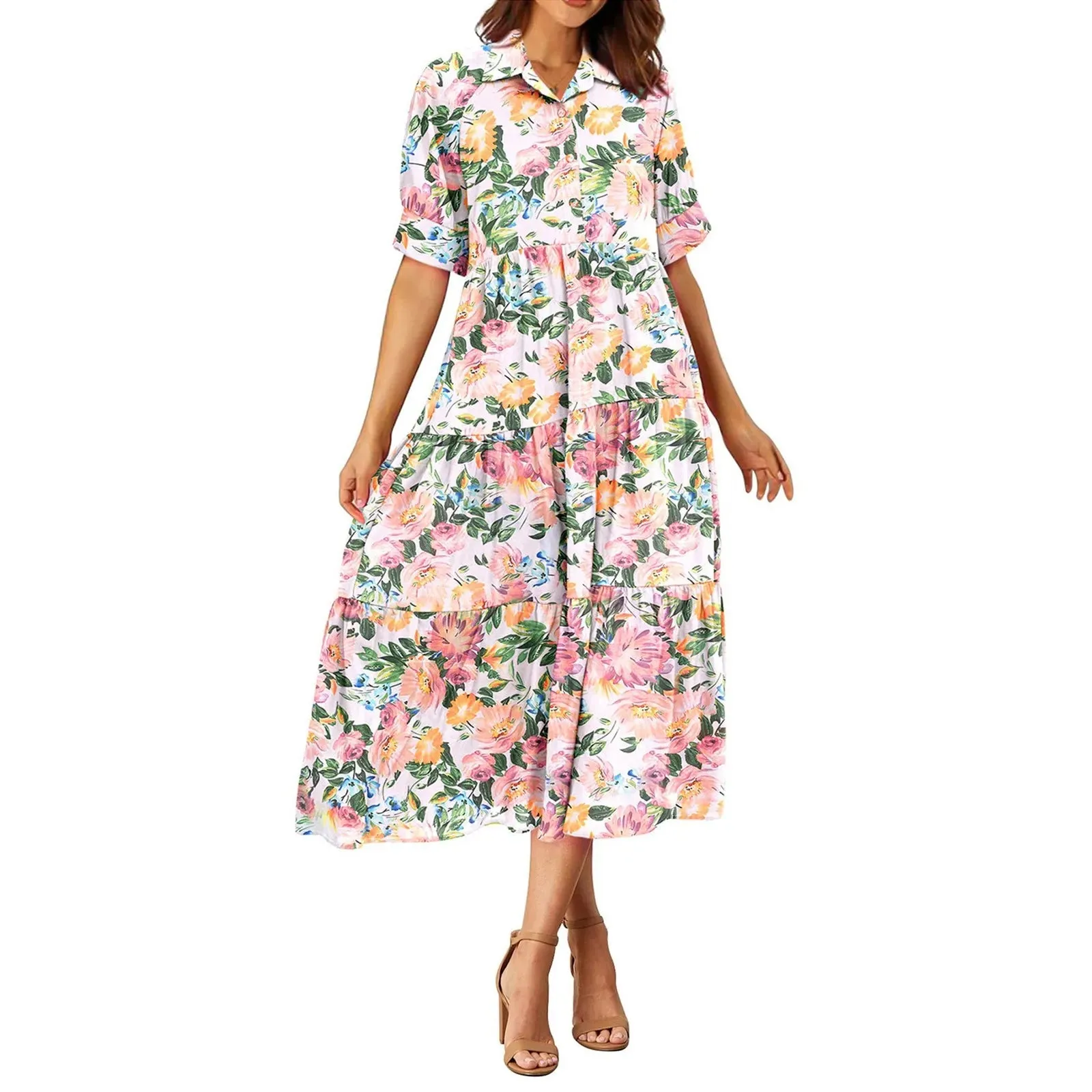 Fashion Print Floral A-line Shirt Elegant Vintage Casual Off Midi Summer Dress