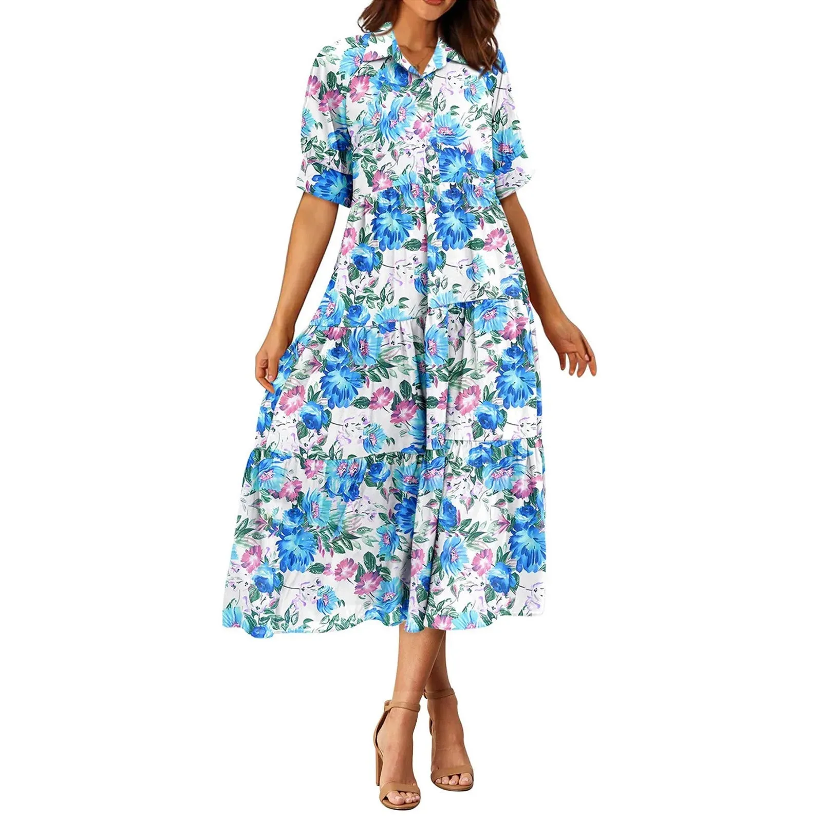 Fashion Print Floral A-line Shirt Elegant Vintage Casual Off Midi Summer Dress