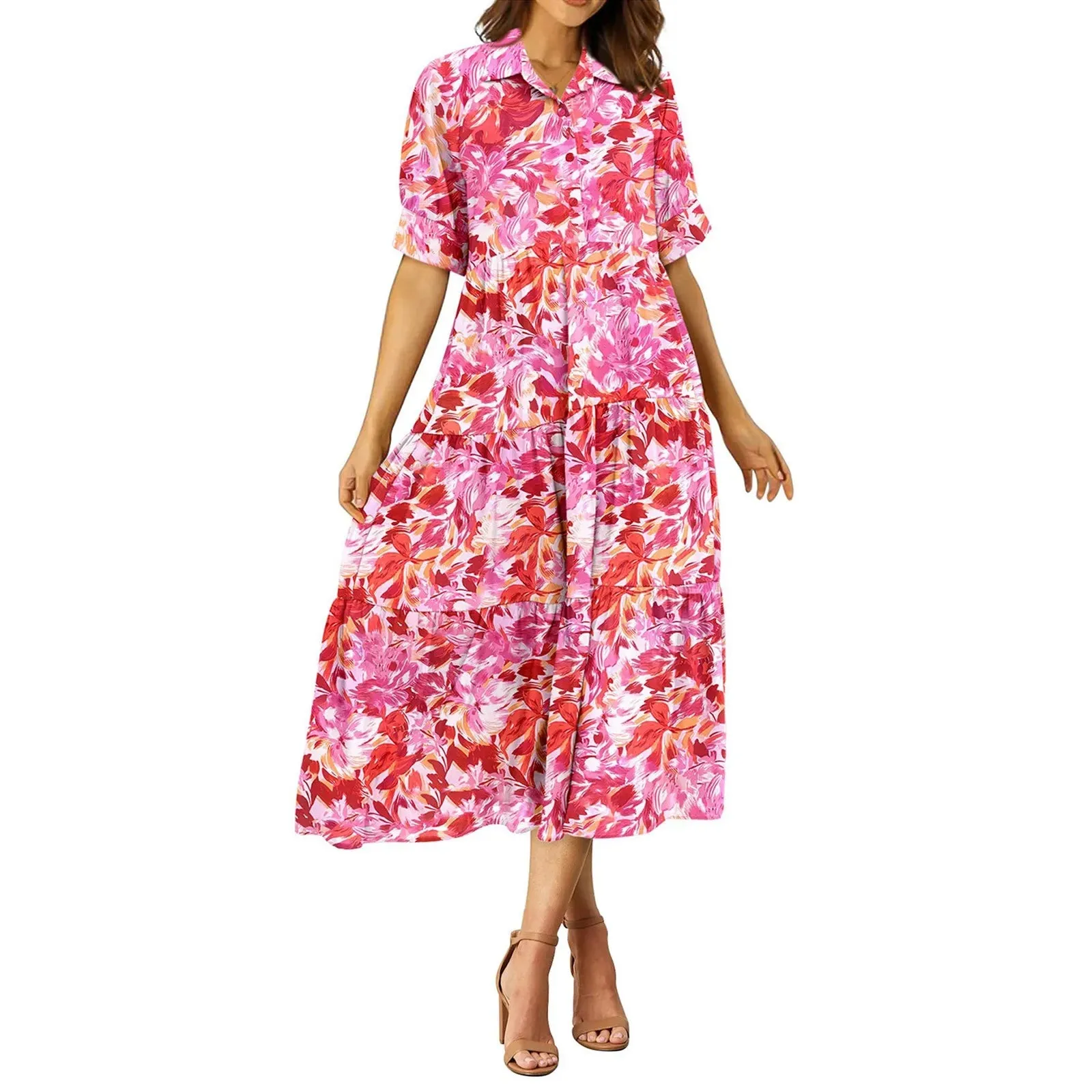 Fashion Print Floral A-line Shirt Elegant Vintage Casual Off Midi Summer Dress