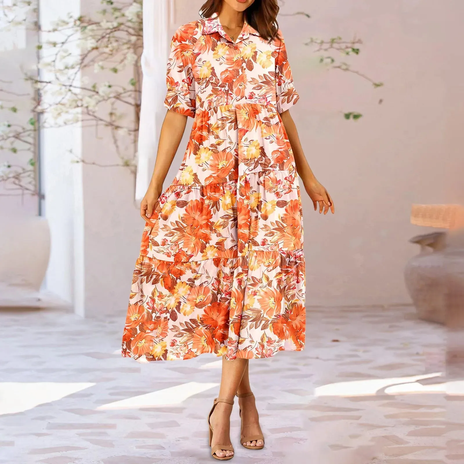 Fashion Print Floral A-line Shirt Elegant Vintage Casual Off Midi Summer Dress