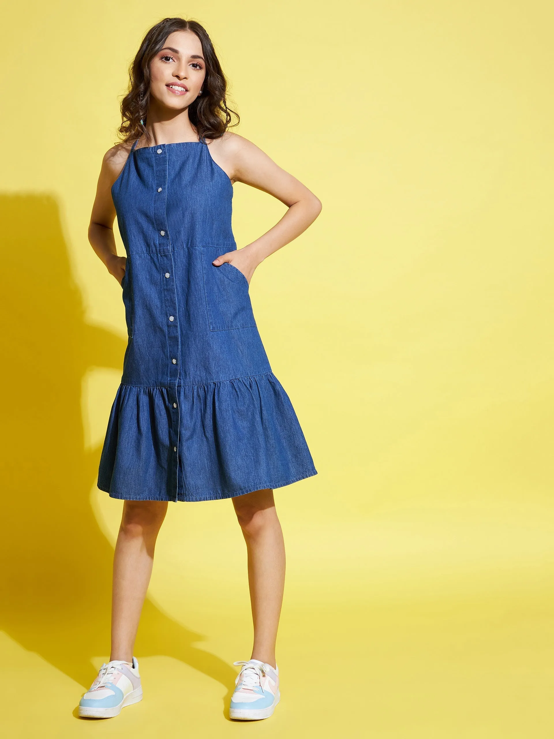 Girls Blue Tencel Front Snap Button Strappy Dress