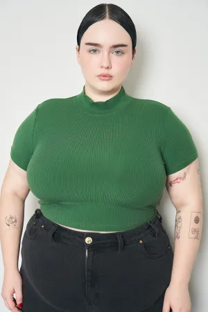 Green Tencel Rib Mock Neck T-Shirt