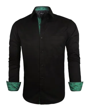 Men's Business Slim Fit Dress Shirt Long Sleeve Patchwork Button-Down Shirt, 004-Black Dark Green