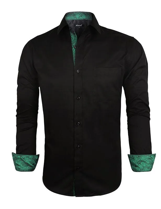 Men's Business Slim Fit Dress Shirt Long Sleeve Patchwork Button-Down Shirt, 004-Black Dark Green