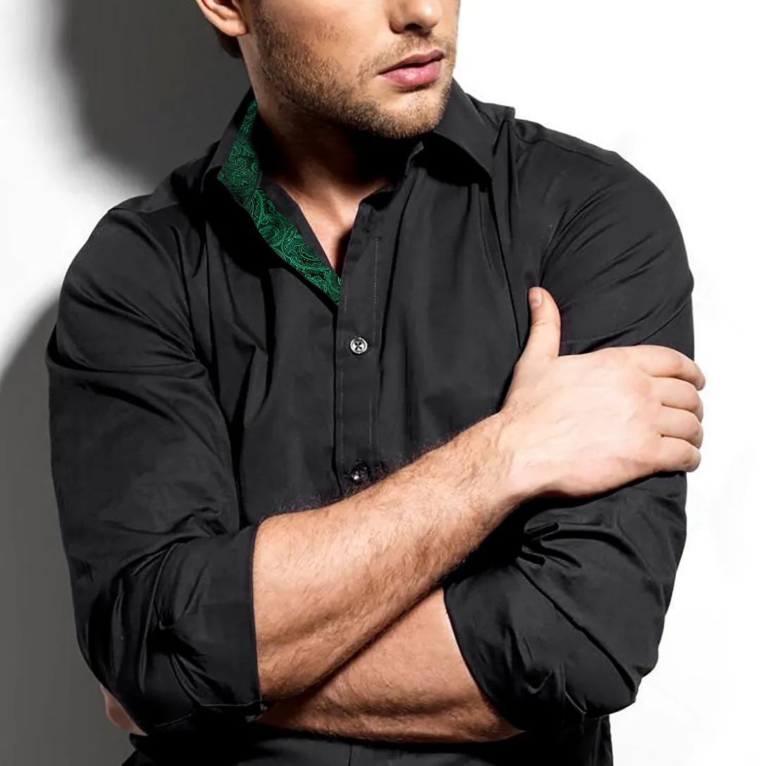 Men's Business Slim Fit Dress Shirt Long Sleeve Patchwork Button-Down Shirt, 004-Black Dark Green