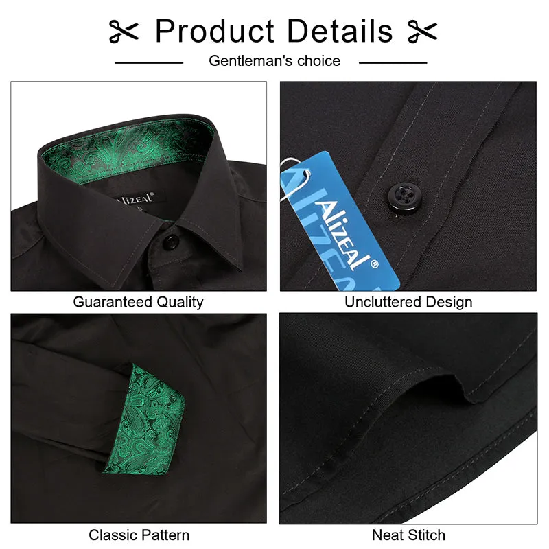 Men's Business Slim Fit Dress Shirt Long Sleeve Patchwork Button-Down Shirt, 004-Black Dark Green