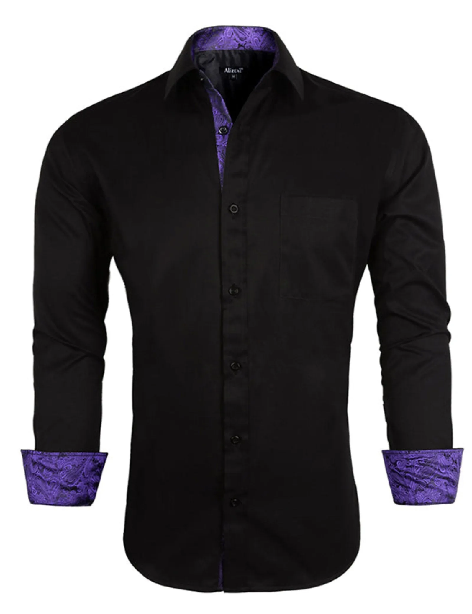 Men's Business Slim Fit Dress Shirt Long Sleeve Patchwork Button-Down Shirt, 004-Black Dark Purple