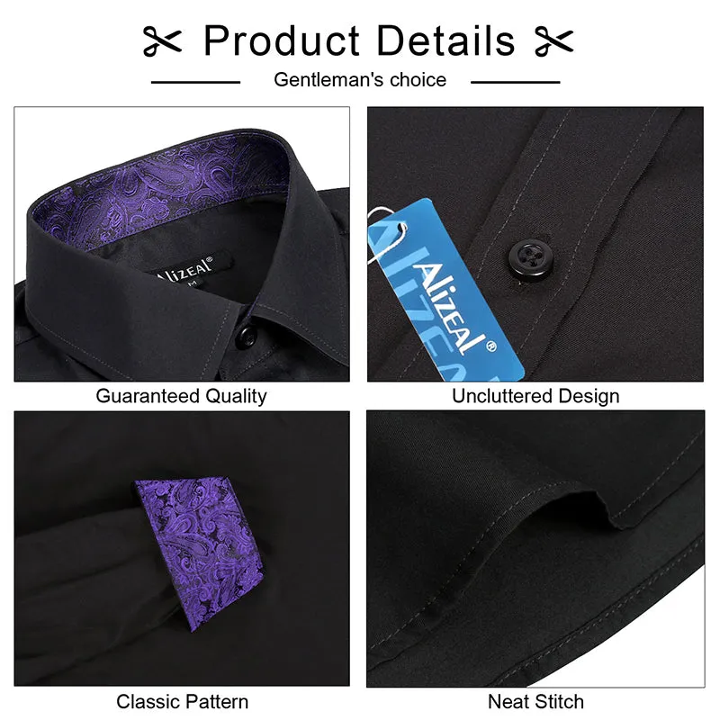 Men's Business Slim Fit Dress Shirt Long Sleeve Patchwork Button-Down Shirt, 004-Black Dark Purple