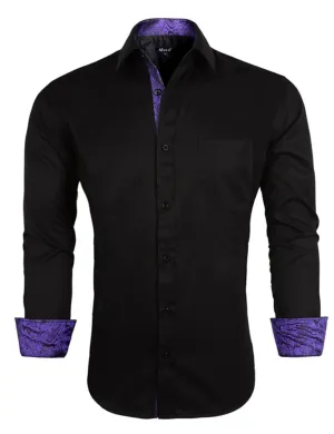 Men's Business Slim Fit Dress Shirt Long Sleeve Patchwork Button-Down Shirt, 004-Black Dark Purple
