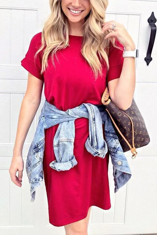 O Neck Side Slit Short Sleeve T Shirt Dress
