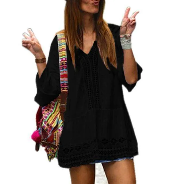 Plus Size - Boho Deep V-neck 3/4 Sleeve Crochet Lace Long Shirt / Mini Dress (US 12-20)