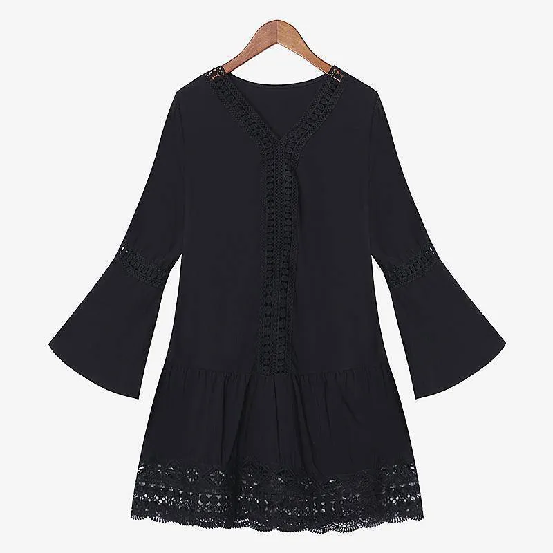 Plus Size - Boho Deep V-neck 3/4 Sleeve Crochet Lace Long Shirt / Mini Dress (US 12-20)
