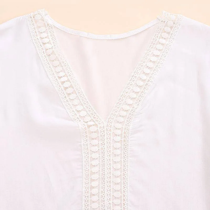 Plus Size - Boho Deep V-neck 3/4 Sleeve Crochet Lace Long Shirt / Mini Dress (US 12-20)