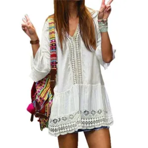 Plus Size - Boho Deep V-neck 3/4 Sleeve Crochet Lace Long Shirt / Mini Dress (US 12-20)
