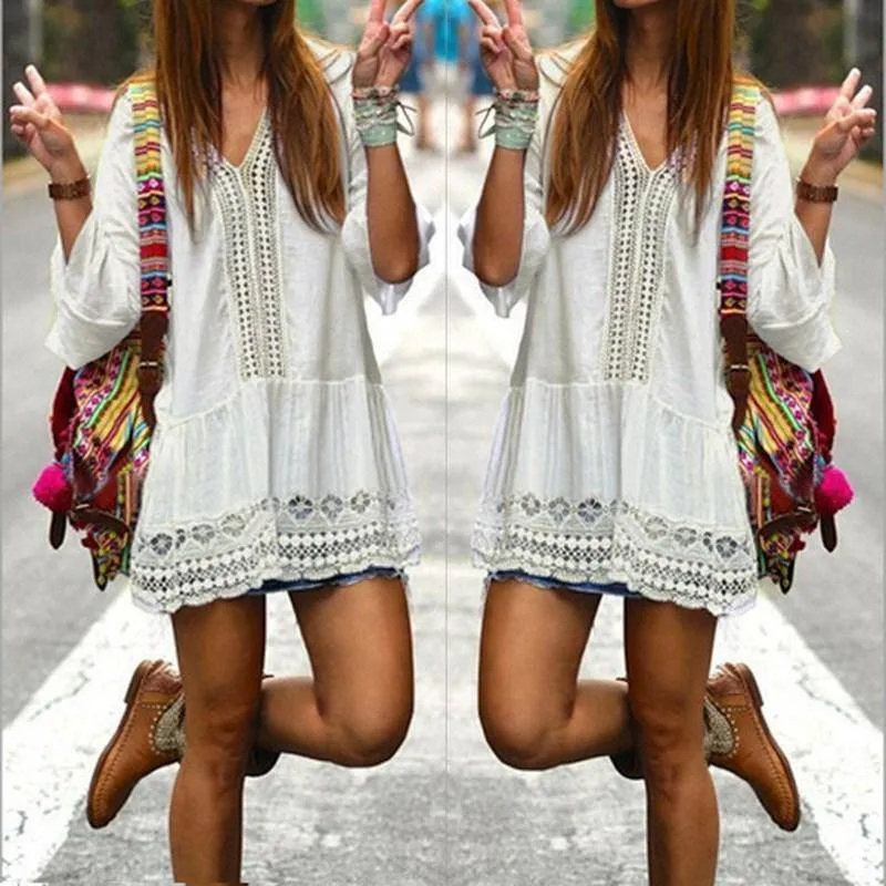 Plus Size - Boho Deep V-neck 3/4 Sleeve Crochet Lace Long Shirt / Mini Dress (US 12-20)