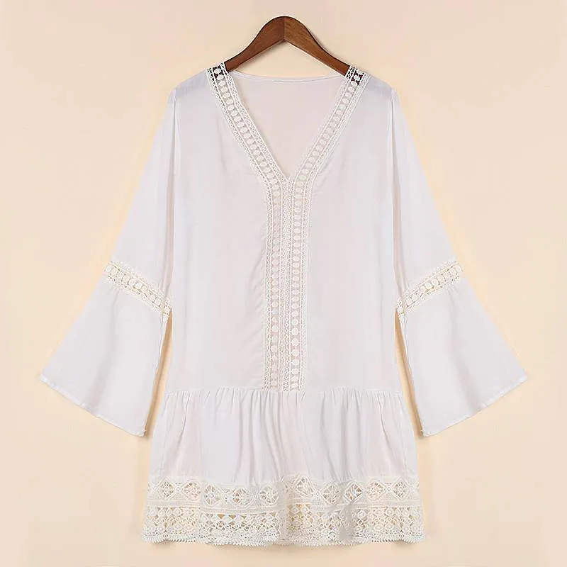 Plus Size - Boho Deep V-neck 3/4 Sleeve Crochet Lace Long Shirt / Mini Dress (US 12-20)