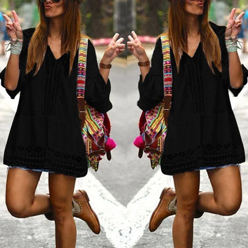 Plus Size - Boho Deep V-neck 3/4 Sleeve Crochet Lace Long Shirt / Mini Dress (US 12-20)