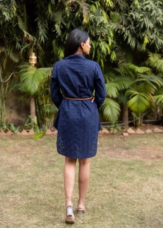 Schiffli Shirt Dress-Blue