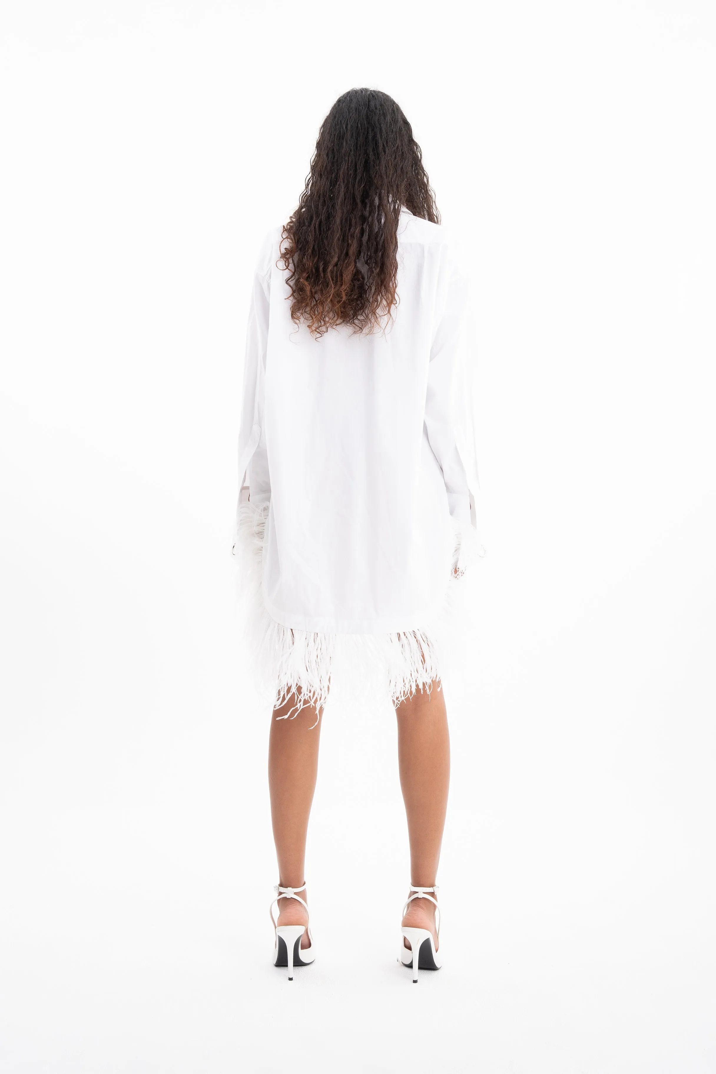 WHITE FEATHER HEM SHIRT DRESS