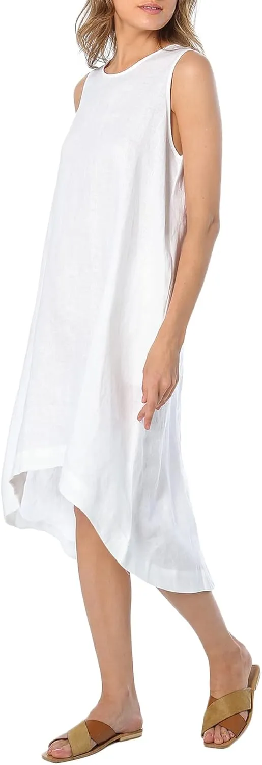 Womens 100% Linen High Low Midi Dress