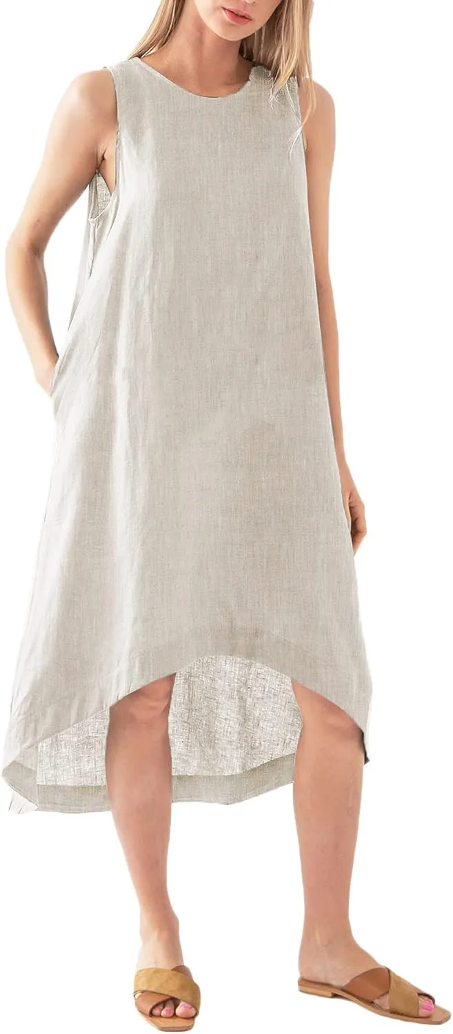 Womens 100% Linen High Low Midi Dress