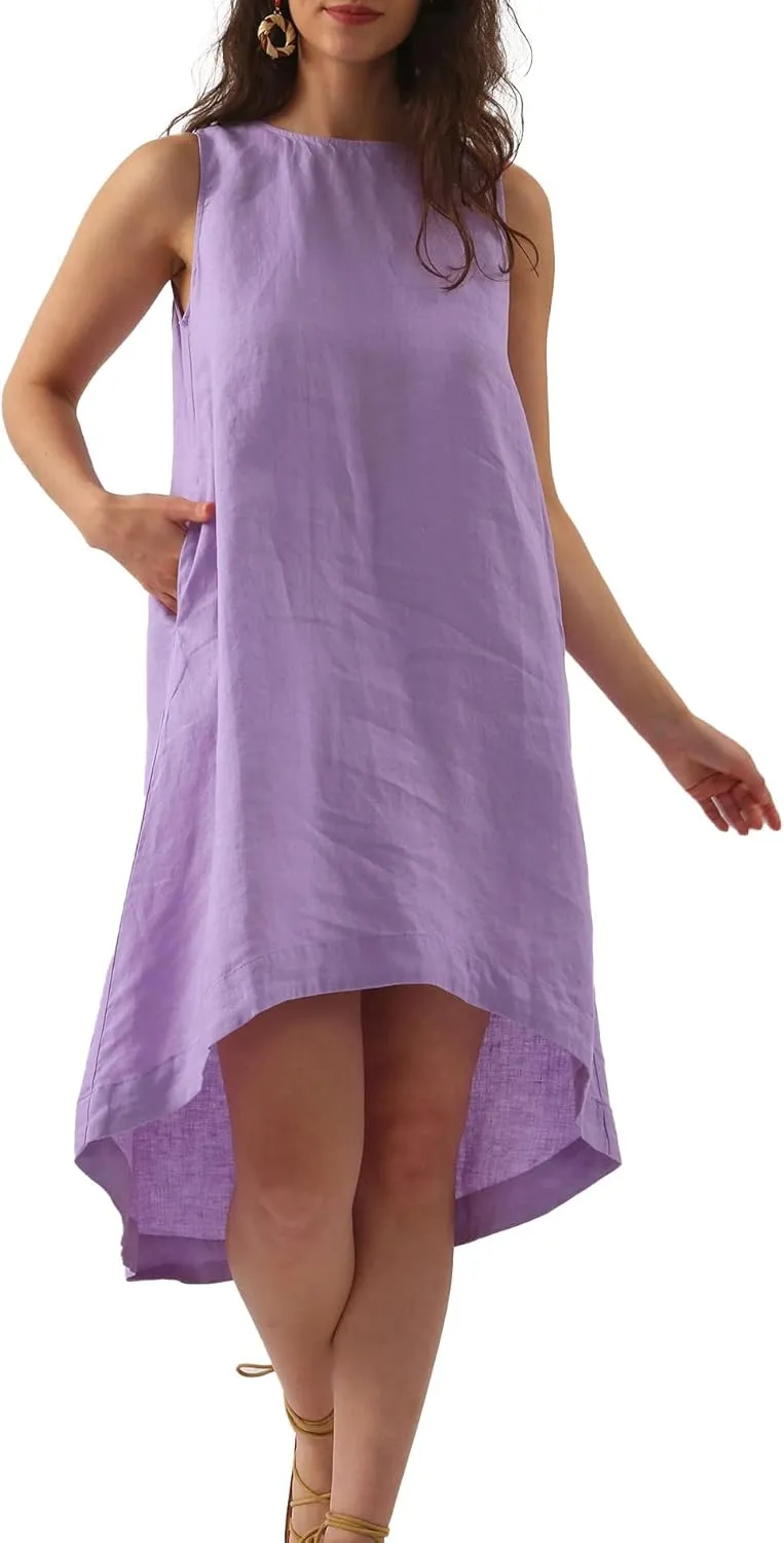 Womens 100% Linen High Low Midi Dress