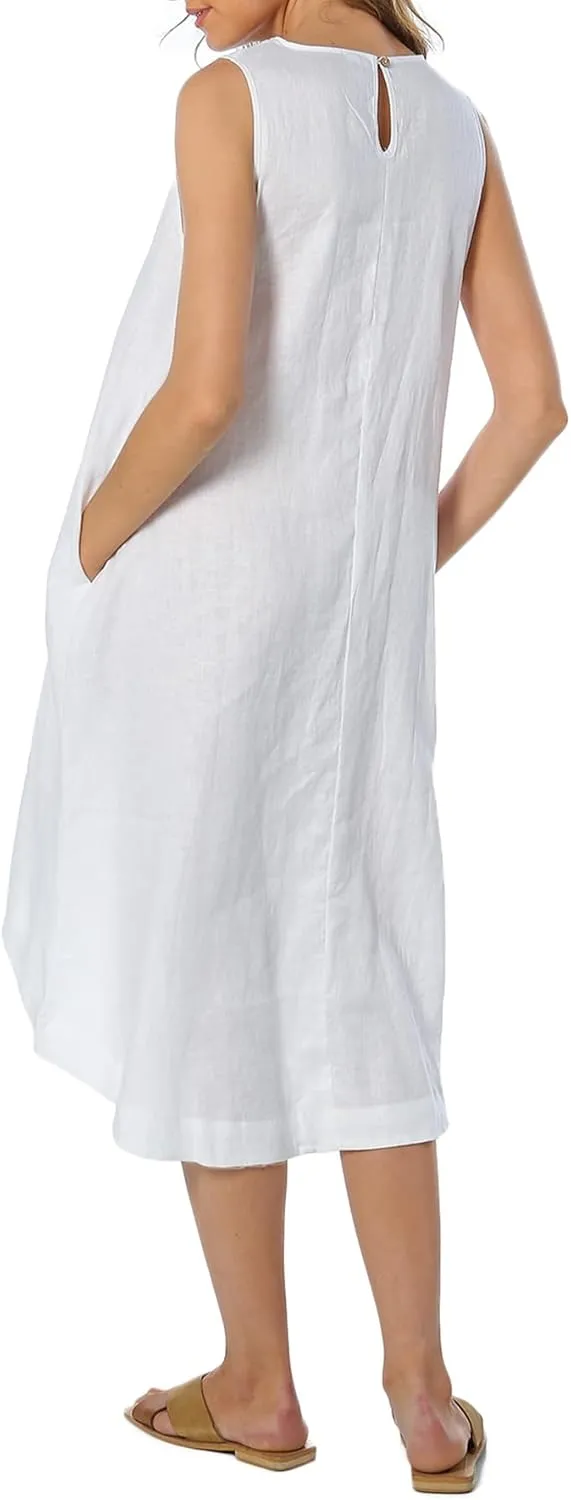 Womens 100% Linen High Low Midi Dress
