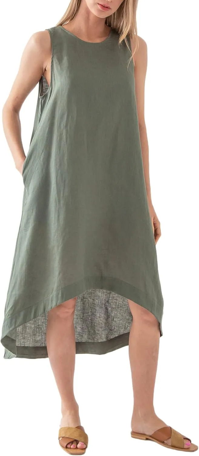Womens 100% Linen High Low Midi Dress