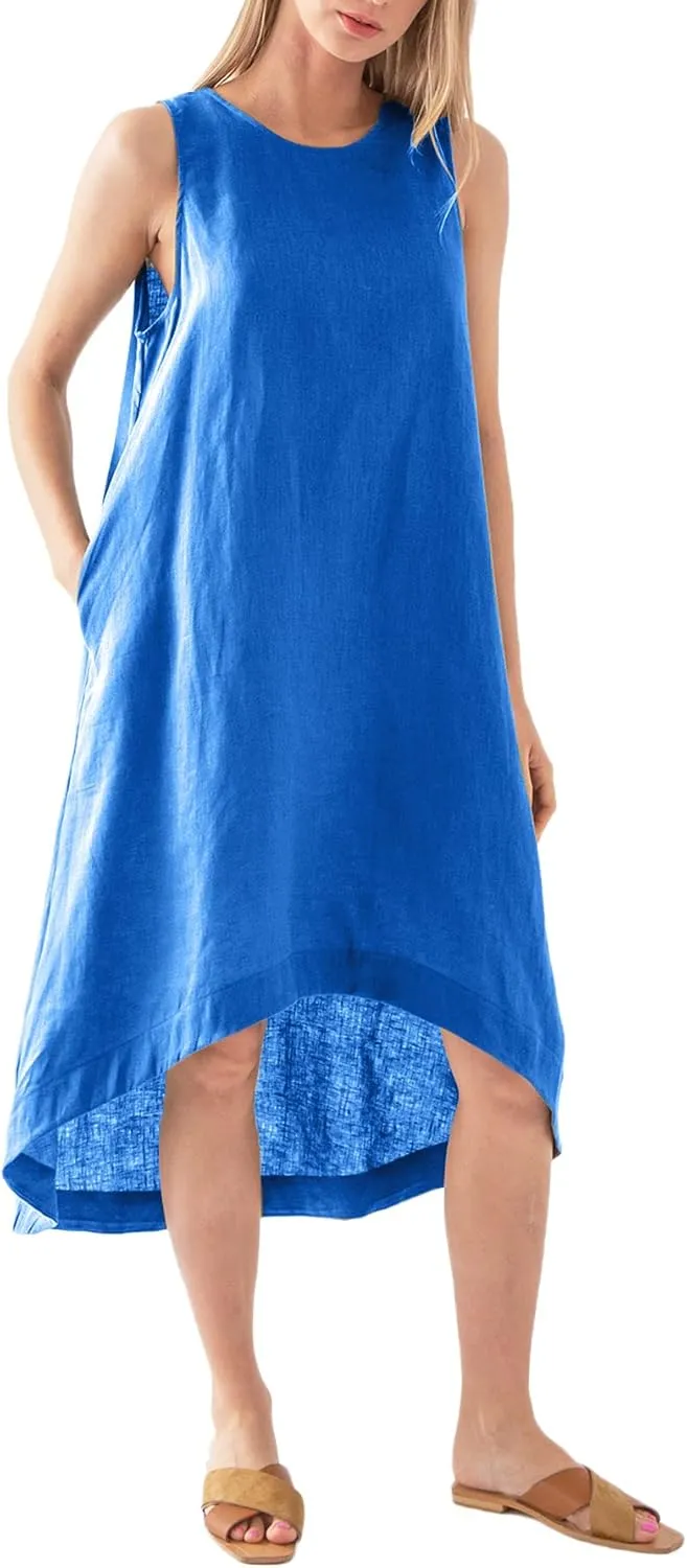 Womens 100% Linen High Low Midi Dress