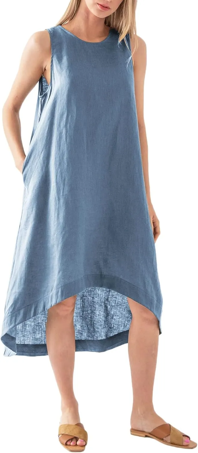 Womens 100% Linen High Low Midi Dress
