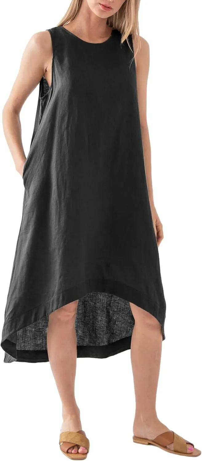 Womens 100% Linen High Low Midi Dress